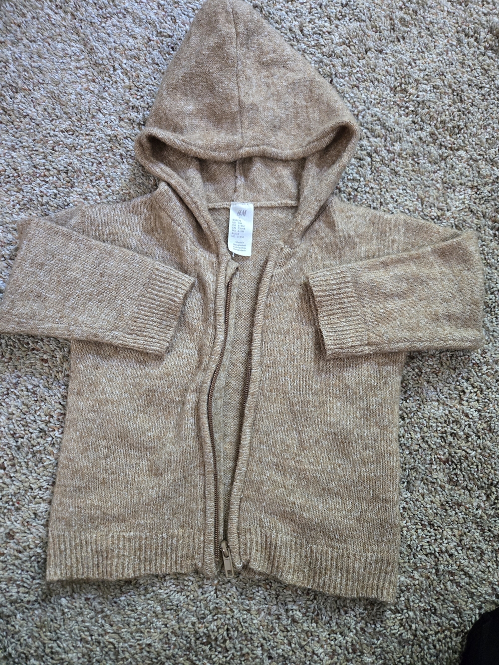 Cozy Hooded Fine Knit Zipped Cardigan in Light Brown 9 Months H&M